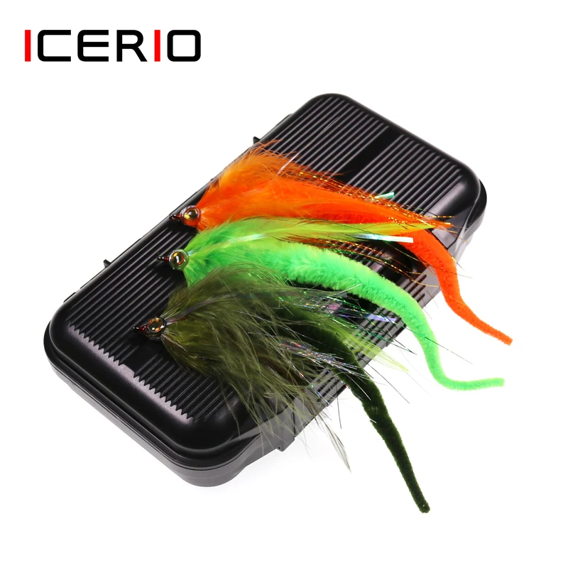 ICERIO 10PCS Saltwater Fly Fishing Baits Dragon Tails Streamers Bass Pike Muskie Fishing Lure with Waterproof Fly Box Tackle