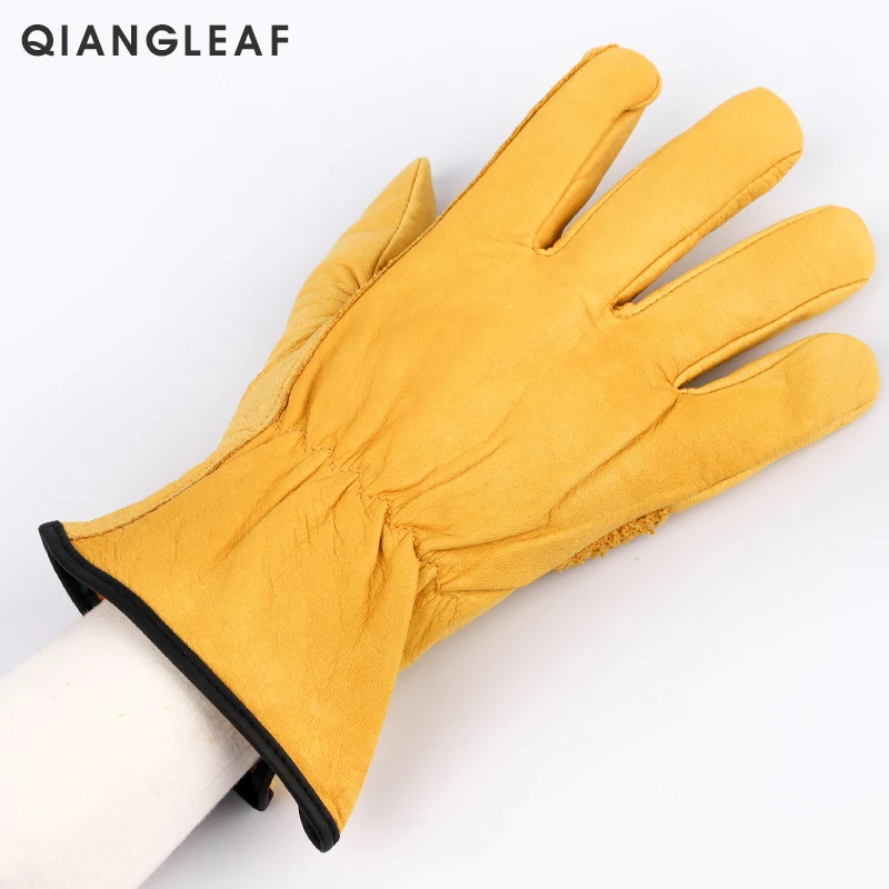 QIANGLEAF 3pcs Working Driving Thick Cowhide Leather Protection Safety Gloves Yellow Warm Anti-slip Wear-resistant Glove H93