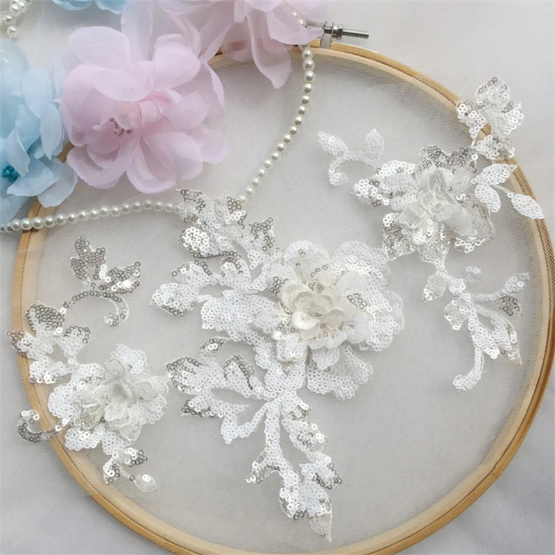 3D Flower Sequin Embroidery Lace Patch Applique Bridal-Dress Applique Wedding For Party-Gown