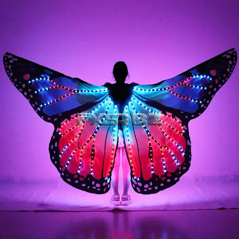 Full Color Women Belly Dance LED Wings Halloween Stage Girl LED Light Butterfly Costume Rainbow Color Dance Glowing Cloak Props