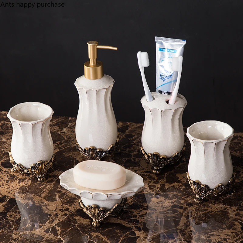 Retro Ceramic Bathroom Set toiletries bathroom accessories Lotion Bottle Toothbrush holder Mouthwash cup Soap dish tray wash set