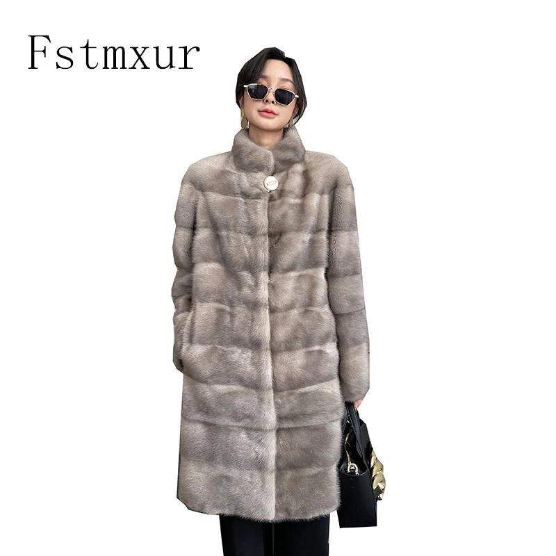 Fstmxur 2021 New Update Autumn And Winter Mink Fur Coat Womens Jacket Full Sleeve Mandarin Collar Natural Medium Mink Fur Coats