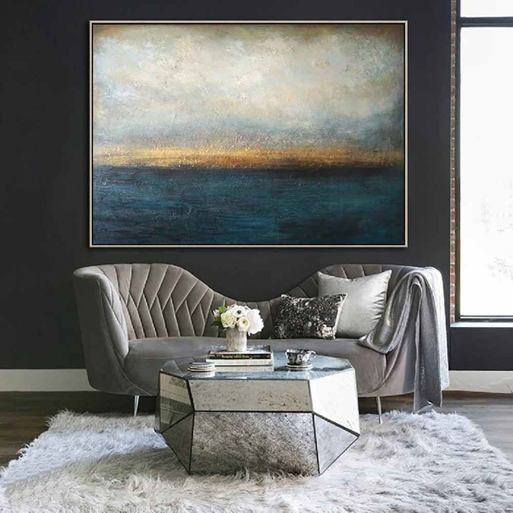 Hand Painted Impression Oil Painting On Canvas Modern Abstarct Blue Ocean Oil Painting Wall Art For Living Room Office Decor