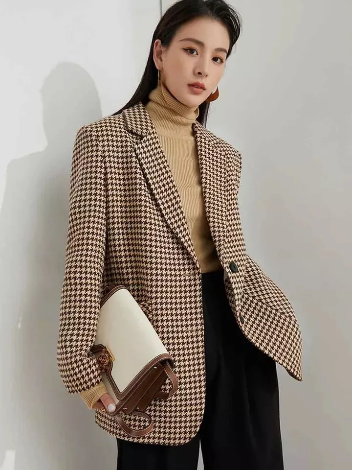 Retro houndstooth woolen small suit jacket 2021 spring new temperament Korean thick woolen cloth ladies