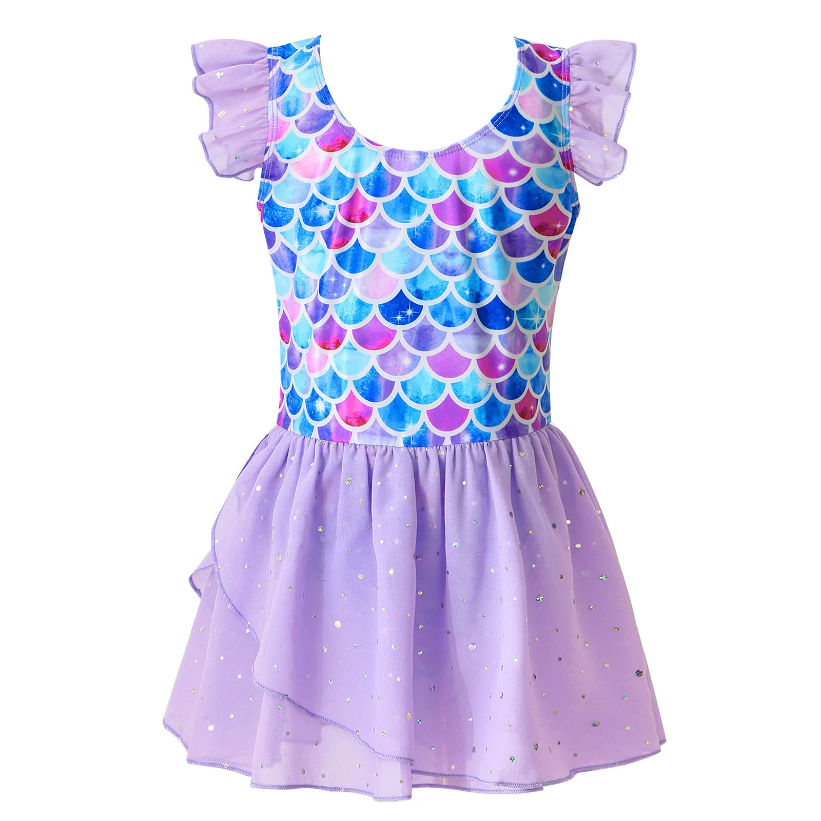 Girls Dance Leotards Ballet Dress Ruffle Sleeveless Bodysuit Kids Ballerina Tutu Leotard Fish Scales Patchwork Jumpsuit Dress