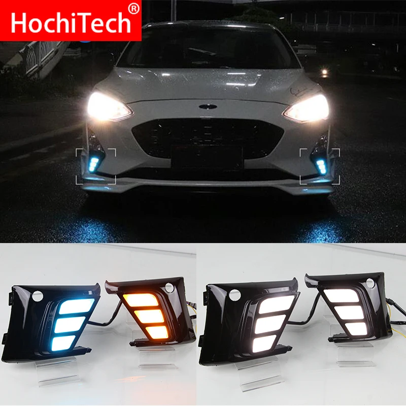 

LED DRL For Ford Focus 2018 2019 Daytime Running Lights Fog Lamp Cover with Yellow Turn Signal Functions Low configuration