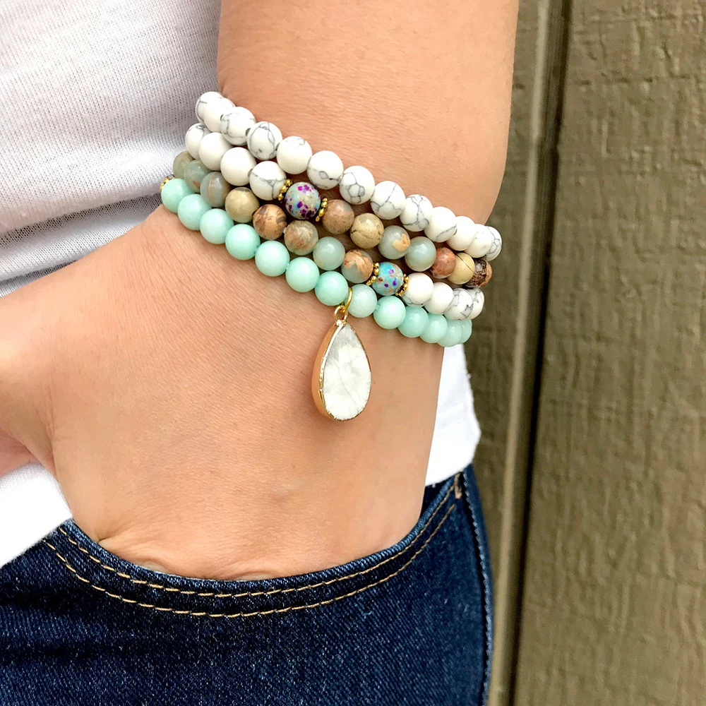 MG0993 Natural Howlite Amazonite 108 Mala POWERFUL CALMING Buddhist Bracelet Women`s Best Gem stone Jewelry for Anxiety