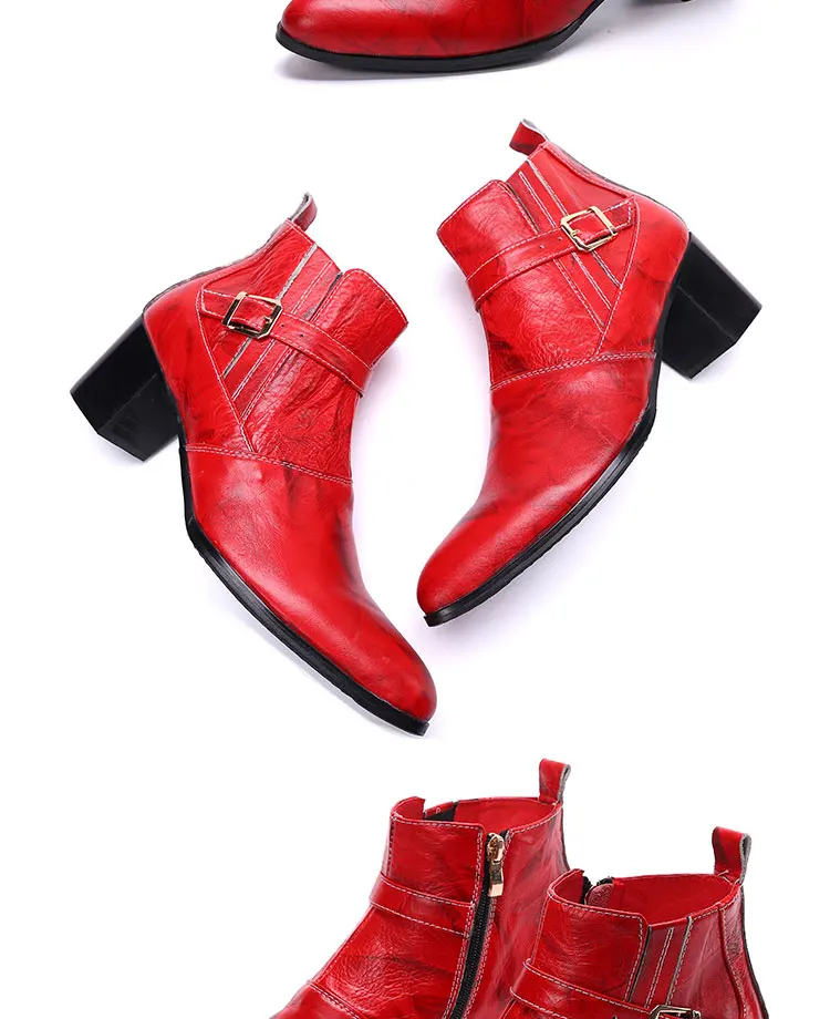 Herbst und Winter spitze High Heels Herren stiefel binden eine Kette Niet Gürtels chnalle dicken Absatz echtes Leder dicke Stöckels tiefel – Detail 8