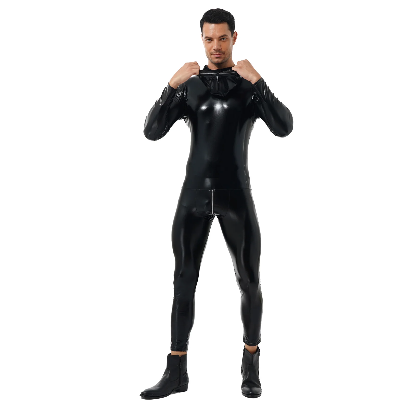 Men Latex Catsuit Wet Look Shiny Patent Leather Hooded Bodysuit Zipper Skinny Jumpsuits Nightclub Halloween Role Play Costumes