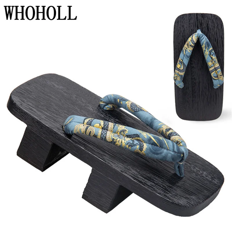 WHOHOLL Summer Men\'s Two-tooth Clogs High Heel Thick Bottom Japanese Geta Solid Wooden Slippers Cosplay Shoes Costumes