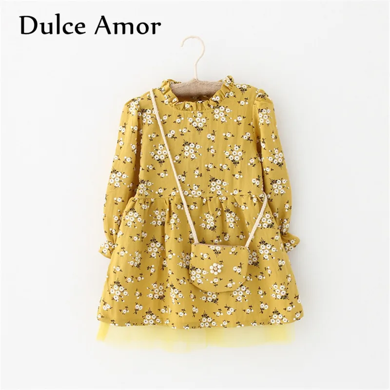 Dulce Amor Flower Girl Dress Baby Girl Clothes 2019 Spring Long Sleeve Print Plum Blossom Elegant Princess Dress With Bag