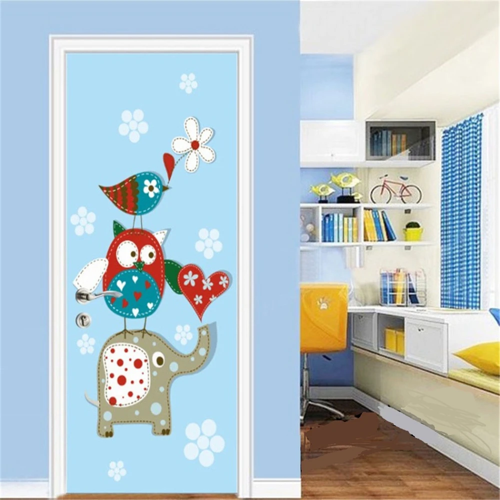 Cartoon Children Door Sticker For Kids Boys Girls Room Bedroom 3d Wallpaper Self-adhesive Jungle Lion Giraffe Decoration Poster