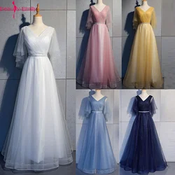 Beauty-Emily Tulle V Neck Ruffle Evening Dresses Long A-line Crystal Formal Dress Party Prom Gowns Lace Up Back Vestido de noche