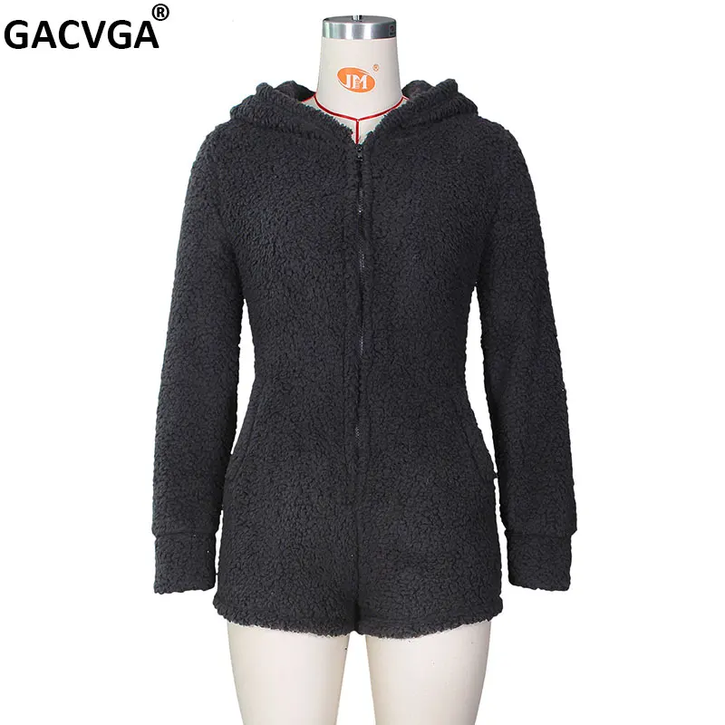 GACVGA Autumn Winter Velvet Women Playsuit Home Romper Warm Cute Bear Hooded Body Suit Jumpsuit Zipper Bodysuit Casual Outwear