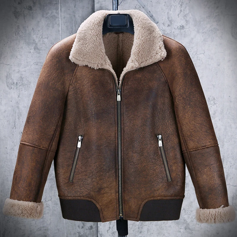 New Shearling Coat Mens B3 Bomber Jacket Thicken Fur Coat Brown Leather Jacket Short Mens Winter Coats