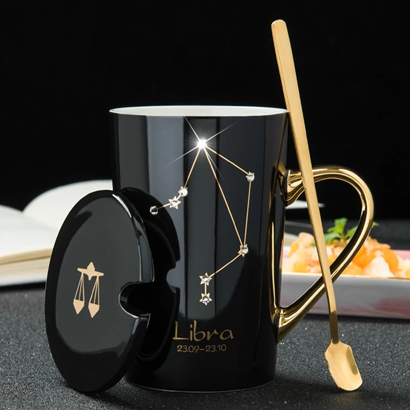 Constellation Theme Ceramic Coffee Mugs Star Drill Mug Exquisite Gift Box with Lid and Spoon Tea Cup Gift for Friends 420ml