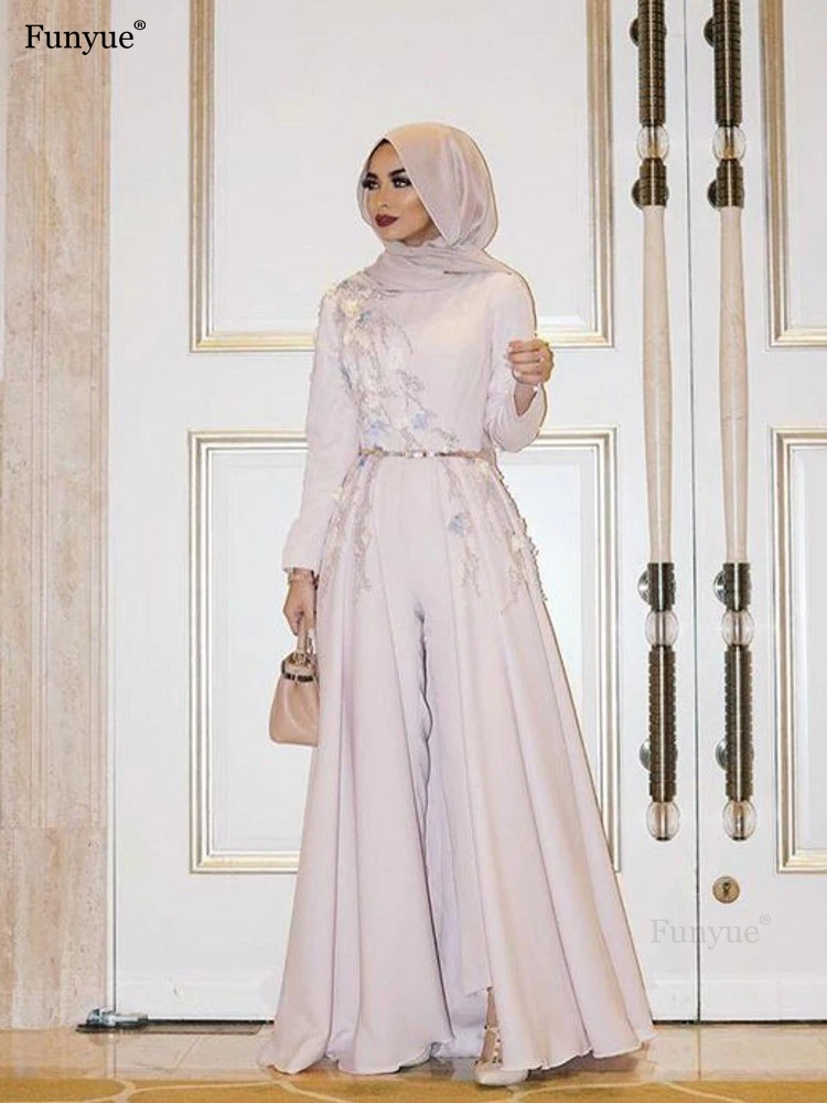 Ivory Long Sleeve Muslim Evening Dress Embroidery robe soiree Islamic dubai Hijab Evening Gowns Pantsuit Formal Prom Dress