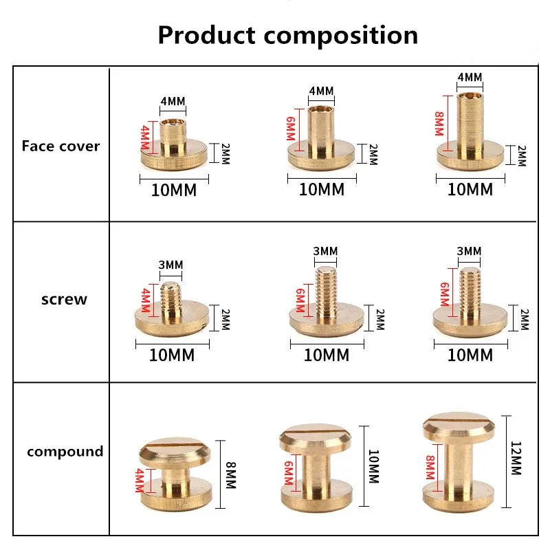 4-20MM 10 pz ottone massiccio pulsante aereo vite prigioniera chiodo rivetto vite indietro cintura in pelle per cucire accessori fai da te fatti a