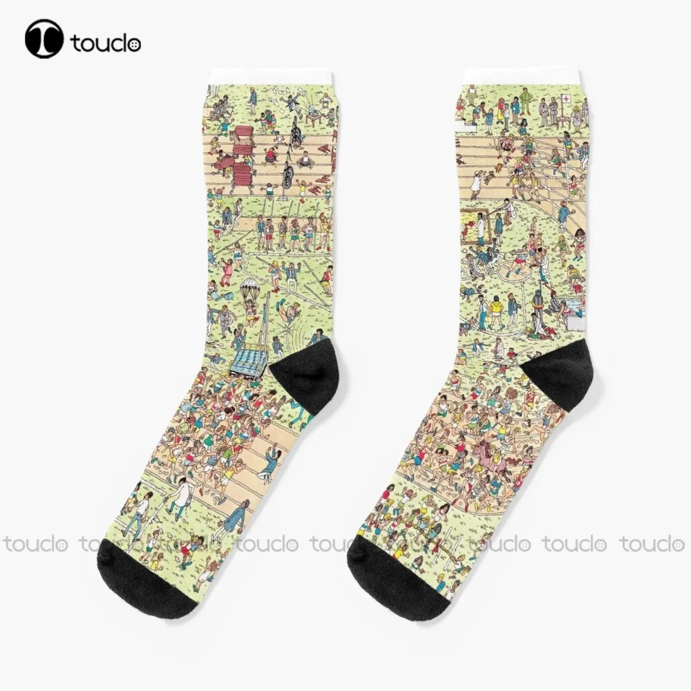 

New Where'S Waldo Track And Field Scene Socks Black Socks Personalized Custom Unisex Adult Socks Popularity Gifts