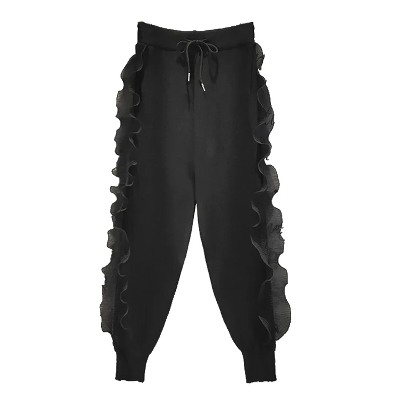 Pantalones bombachos negros a la moda para Mujer, pantalón de chándal holgado de estilo coreano Harajuku con parche de volantes, informal, de