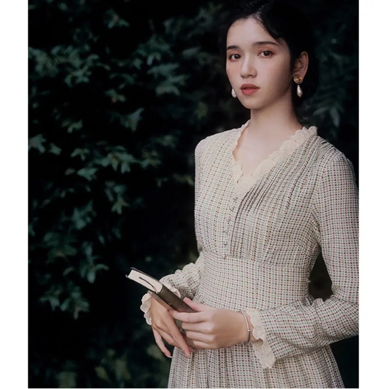 Women Autumn 2020 French Vintage Elegant SLim Lace V-Neck SLeeve Thick Long Dress clothes elbise robe longue femme vestidos