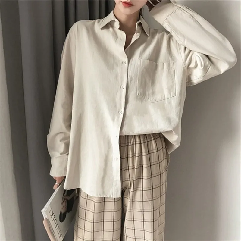 ZHISILAO nowy jednolity luźny bluzka kobiety Cotton Linen urząd Lady beżowy Casual koszule z długim rękawem 2021 topy Streetwear