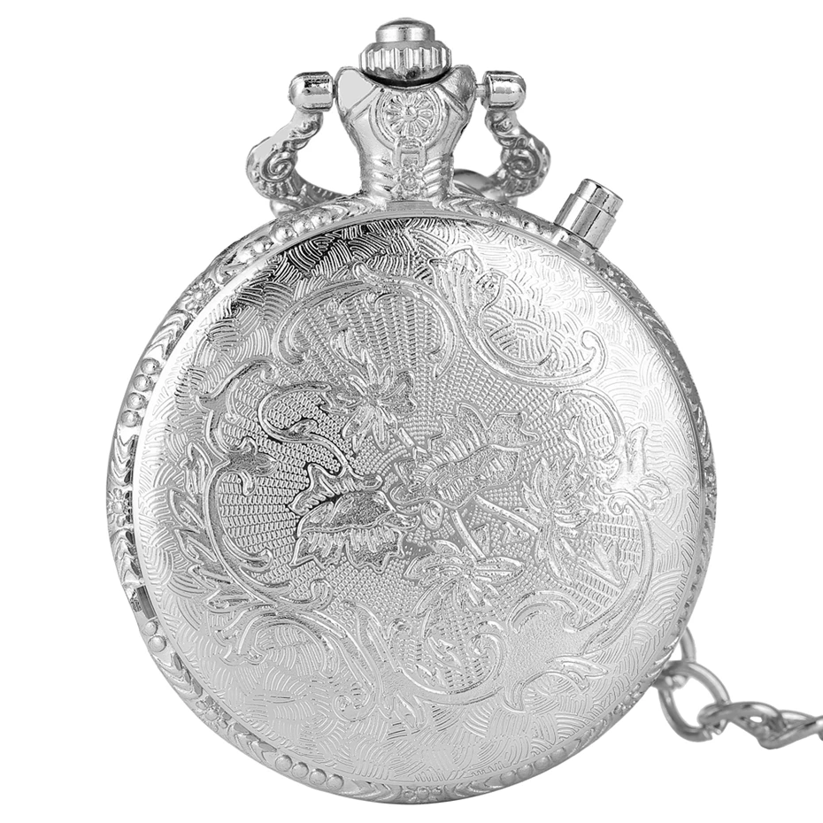 Srebrny świecące LED Dial Quartz Pocket Watch rzeźbione pociąg lokomotywa silnik Steampunk Motor rail Chain zegarki kieszonkowe Fob