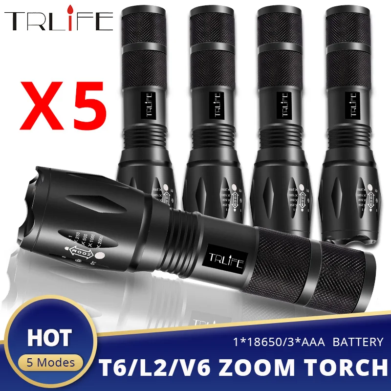 1/3/5PCS 8000LM Tactical LED Flashlight V6/L2/T6 Zoomable Torch Waterproof Bicycle Lamp 5 Modes By 1x18650 or 3xAAA Battery Lamp