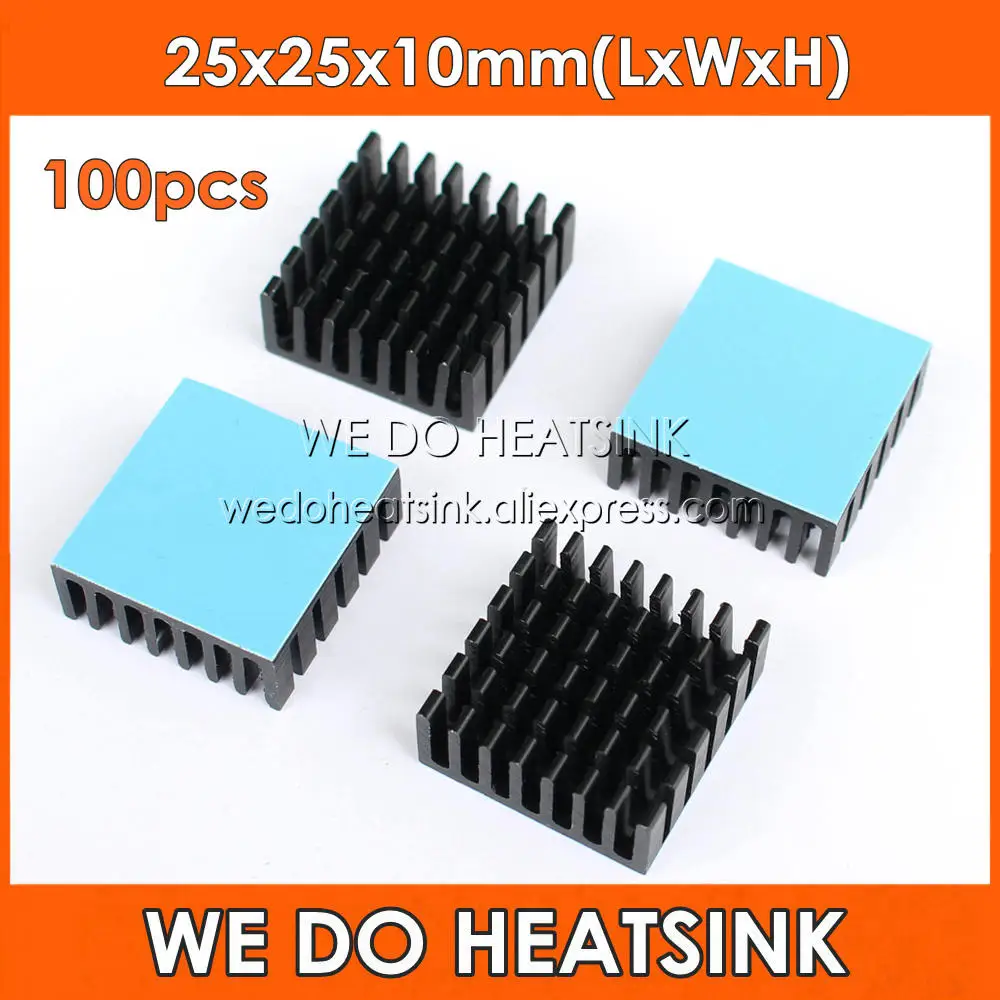 

WE DO HEATSINK 100pcs 25x25x10mm Black Slotted Anodized Aluminum Heatsink With Thermally Conductive Adhesive Transfer Tape