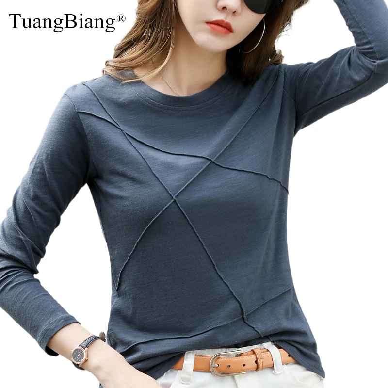 2023 Ribbed Sping Fashion Bamboo Cotton T-Shirt Autumn Women O-Neck Loose Simple Purple Tshirt Long Sleeve Ladies Green Cozy Top