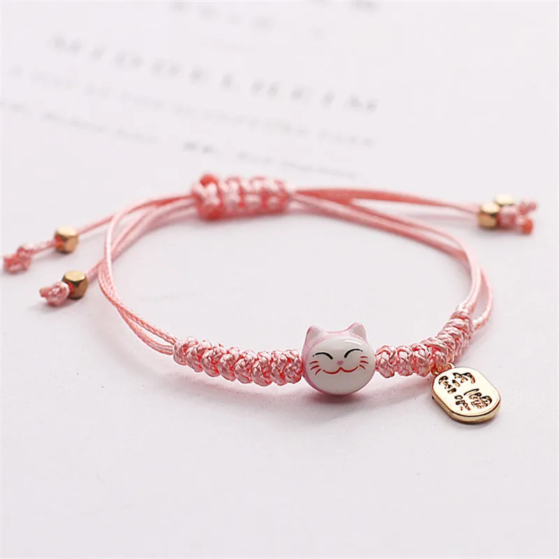 Handmade Colorful Rope Lucky Cat Bracelet For Women Girls Birthday Gifts Charm Tassel Fashion Maneki Neko Couple Bangles