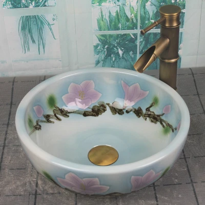 

Bathroom Round Ceramic Vessel Sink Vanity Artistic Basin with Pop up Drain Combo AB266