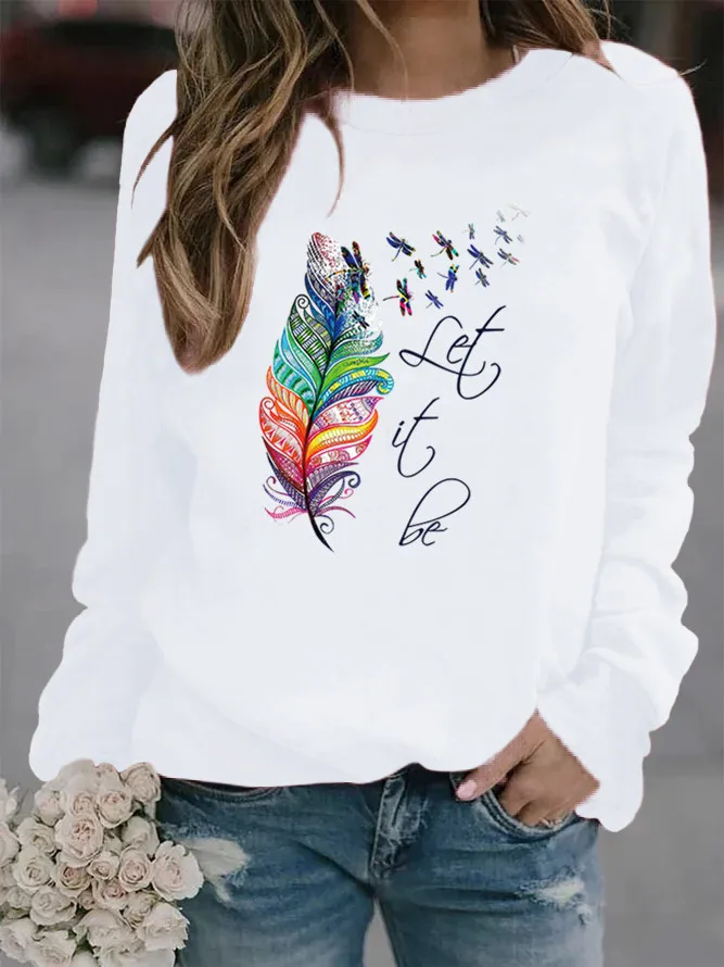 Feather Let It Be Printed Hoodies Women Fleece Long Sleeve O Neck Loose Sweatshirt Girls Women Hoodie Pullovers   Winter