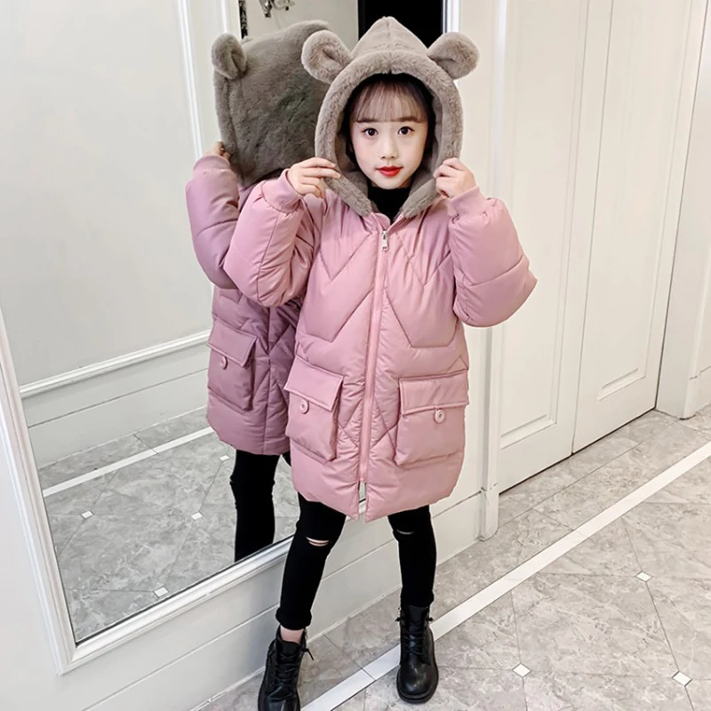 4-12 Year Girls Coat Plus Velvet Warm Winter Jacket For Girls Fashion Long Parkas Snowsuit Cute Bear Hooded Children\'s Outerwear