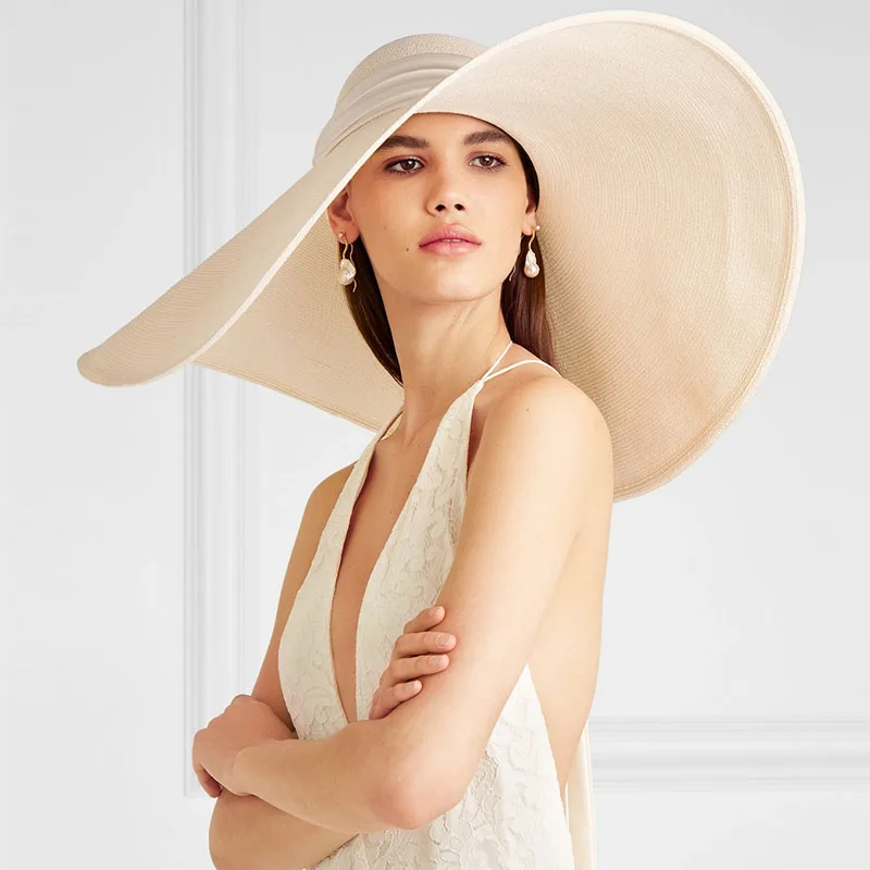 Women White 25cm OVERSIZED Sun Hat Soft Silk Ribbon Tie Wide Brim Floppy Hat Giant Beach Straw Hat Summer Kuntucky Derby Hat Cap