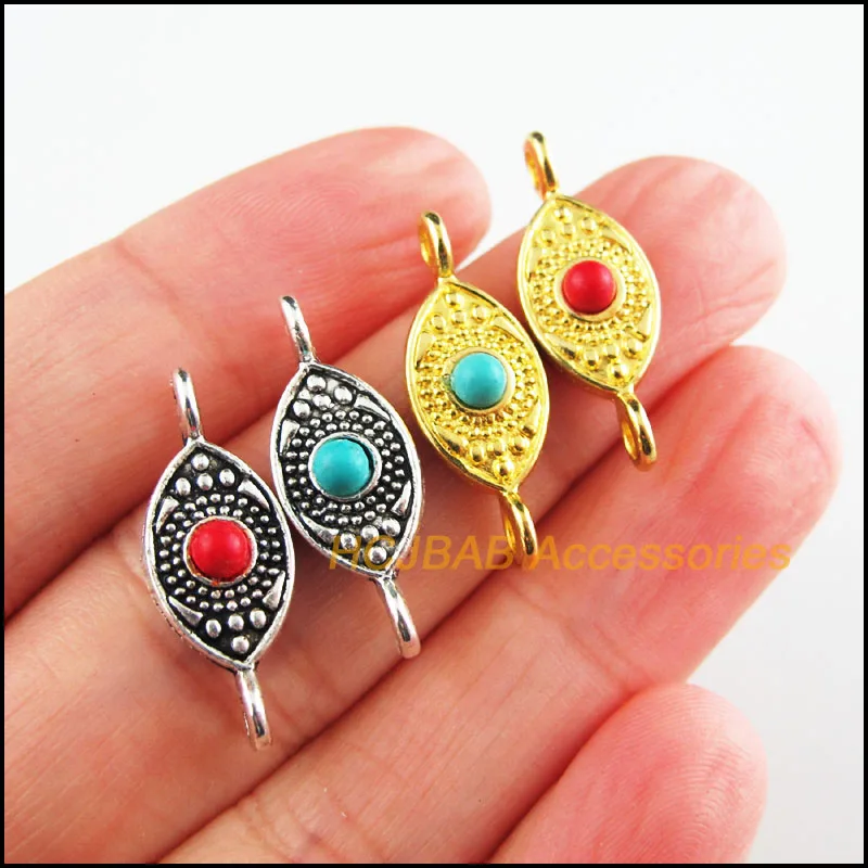 

20Pcs Tibetan Silver Tone Gold Color Oval Red & Blue Stone Eyes Charms Connectors 9x23.5mm