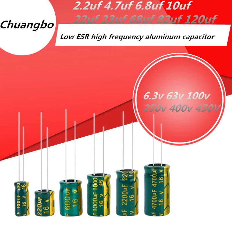 

5-20pcs 2.2uf 4.7uf 6.8uf 10uf 22uf 33uf 68uf 82uf 120uf 6.3v 63v 100v 250v 400v 450V Low ESR high frequency aluminum capacitor