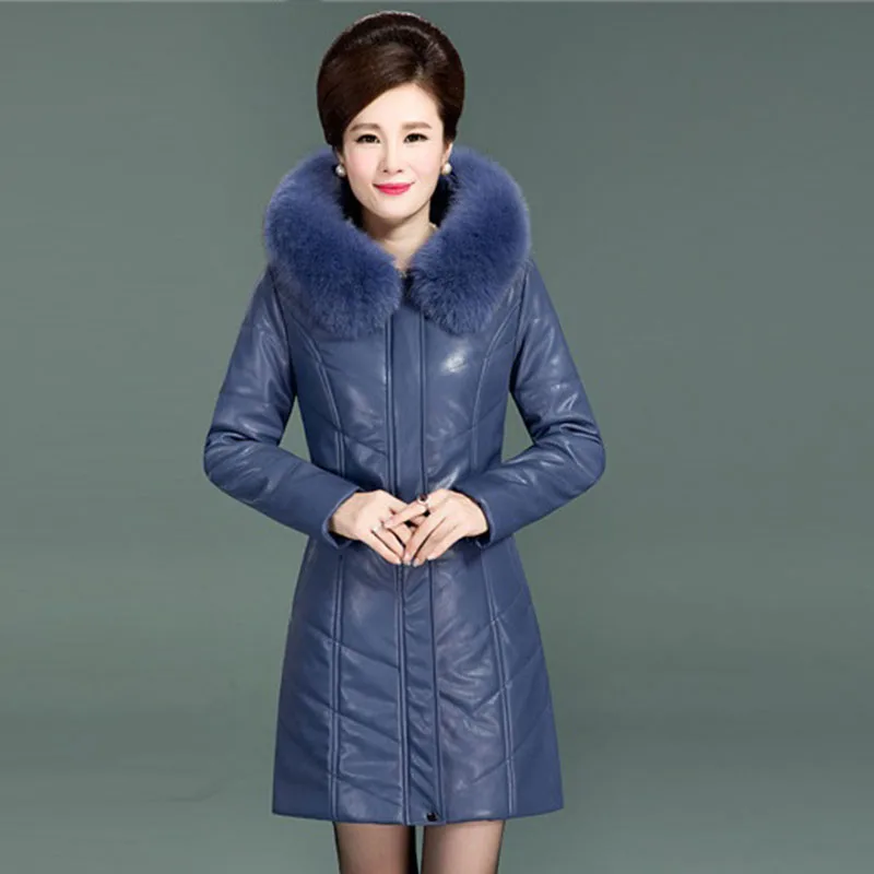 Thicken XL 6XL Down Cotton Coat Women's 2019 Big Fur Collar PU Leather Down Cotton Coat Winter Long Parker Warm Coat Mother Wear