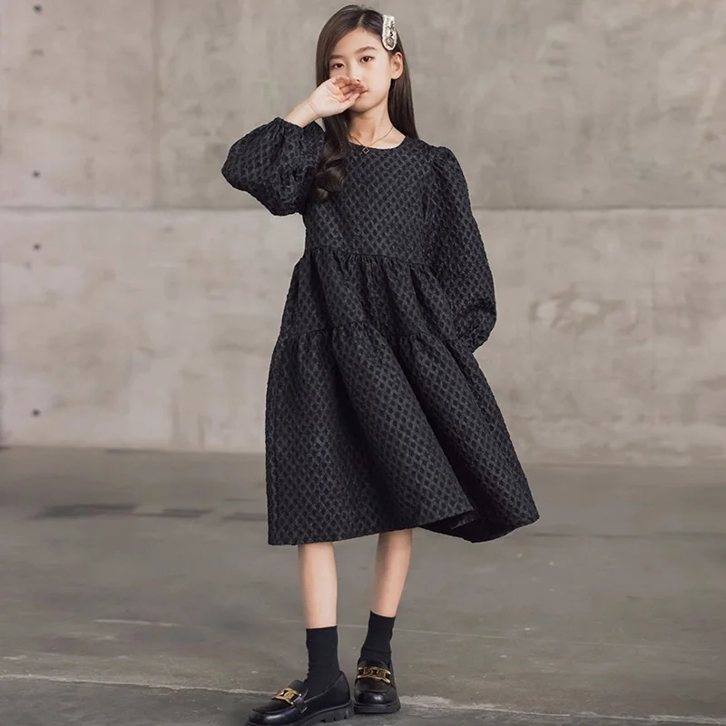 6 To 16 Years Girls Autumn Winter Dress New Lantern Sleeve Kids Midi Dress  Casual Black Jacquard Fabric Children Clothing - AliExpress 1501