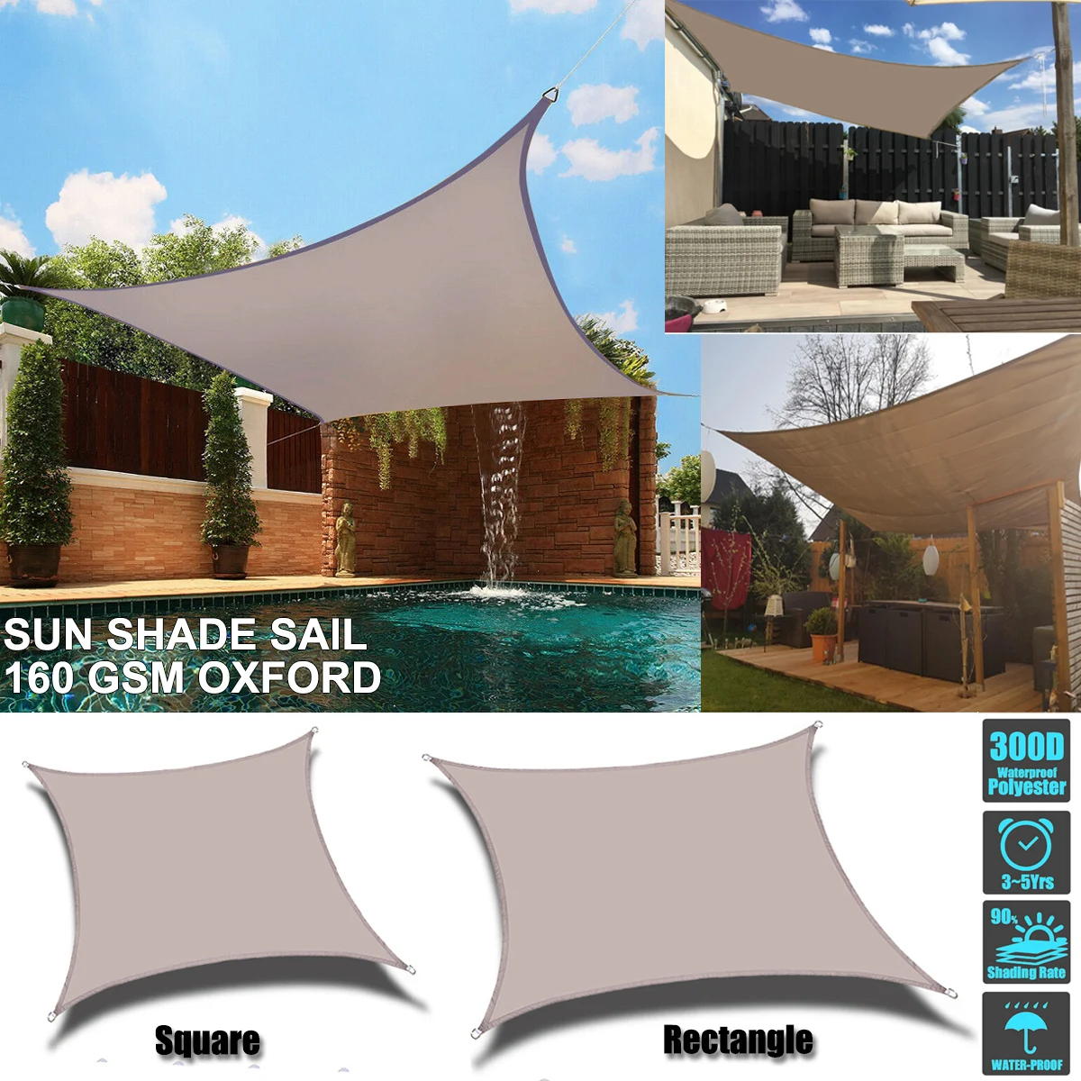 

Khaki 300D Waterproof Polyester Square Rectangle Shade Sail garden terrace Canopy swimming Sun shade Camping Hiking Yard sail