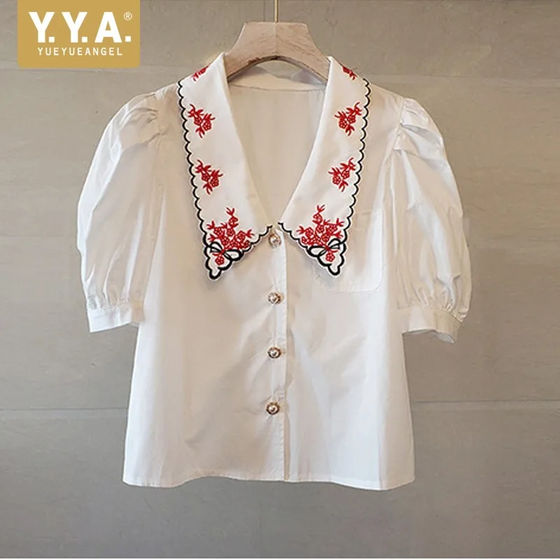 Puff Sleeve Embroidery Short-Sleeve Shirts Office Lady Lapel Single-Breasted Short Tops Women Soft Elastic White Elegant Blouse