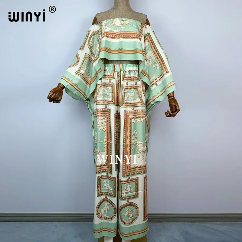 2021 WINYI creative two-piece jacket and trousers summer printing oversized bat sleeves women\'s stretch twill silk floor length