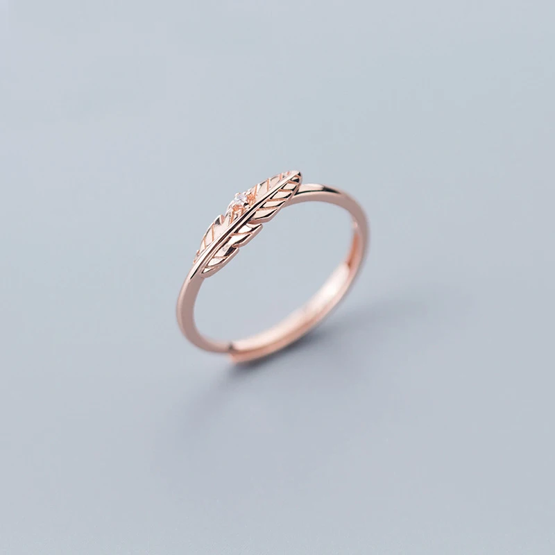 MloveAcc 100% 925 Sterling Silver Rose Gold Color Fashion Jewelry Feather Cocktail Ring Size Adjustable for Women Girls Kids