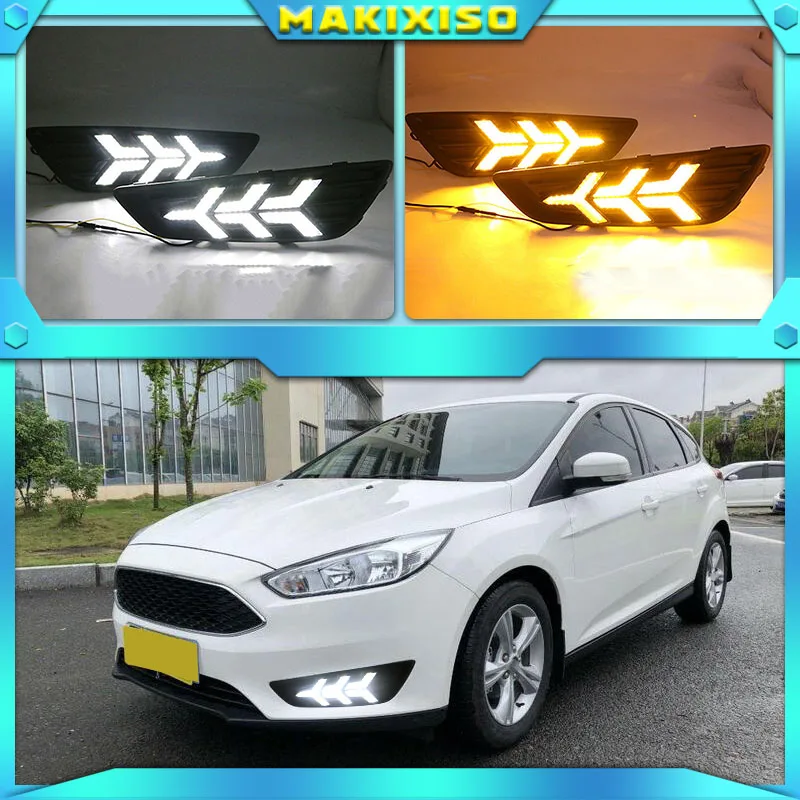 2PCS LED Daytime Running Light For Ford Focus 3 MK3 2015 2016 2017 2018 Yellow Turn Signal Function Waterproof 12V Car DRL Lamp