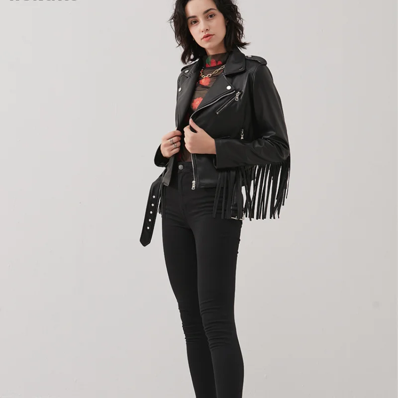 Chaqueta de cuero PU con flecos para mujer, abrigo corto de cintura delgada para motocicleta, chaqueta con flecos a la moda para primavera y otoño,