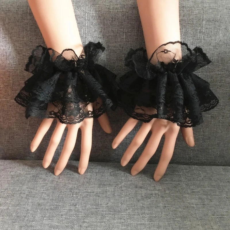 Steampunk Lolita polsini da polso con maniche a mano bracciale elastico in pizzo nero floreale arruffato eleganti guanti corti in pizzo da donna