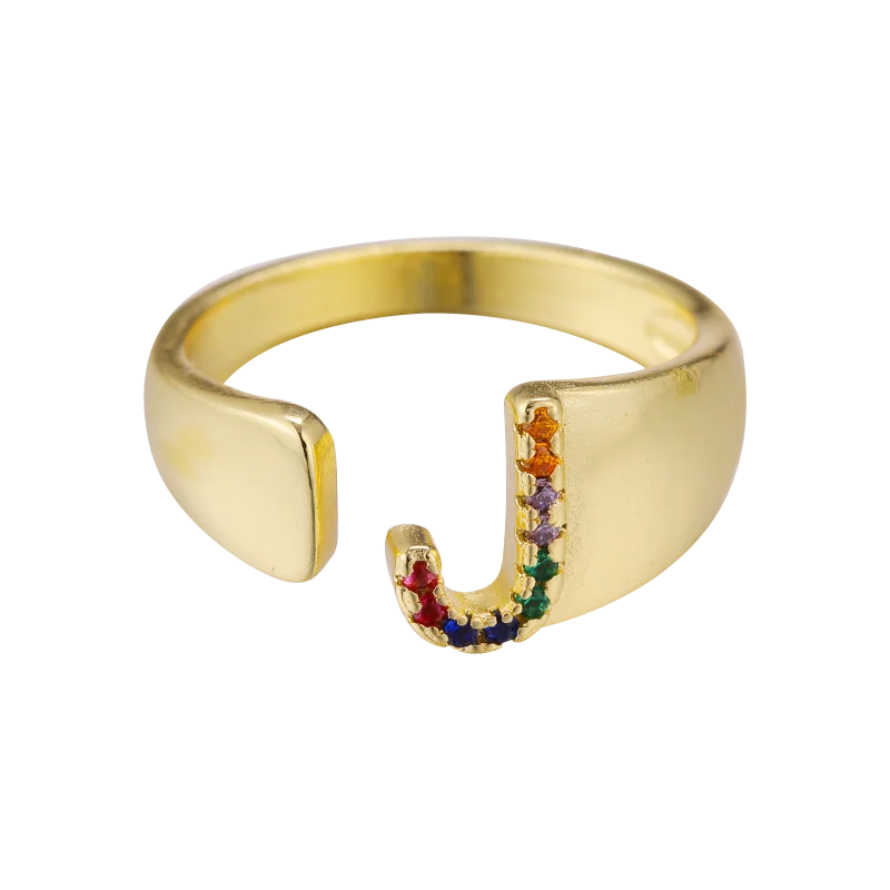 Juya Drop Shipping 18K Real Gold Plated Open Adjustable Initial Letter Rings For Women Men Rainbow Crystals Jewelry Supplies