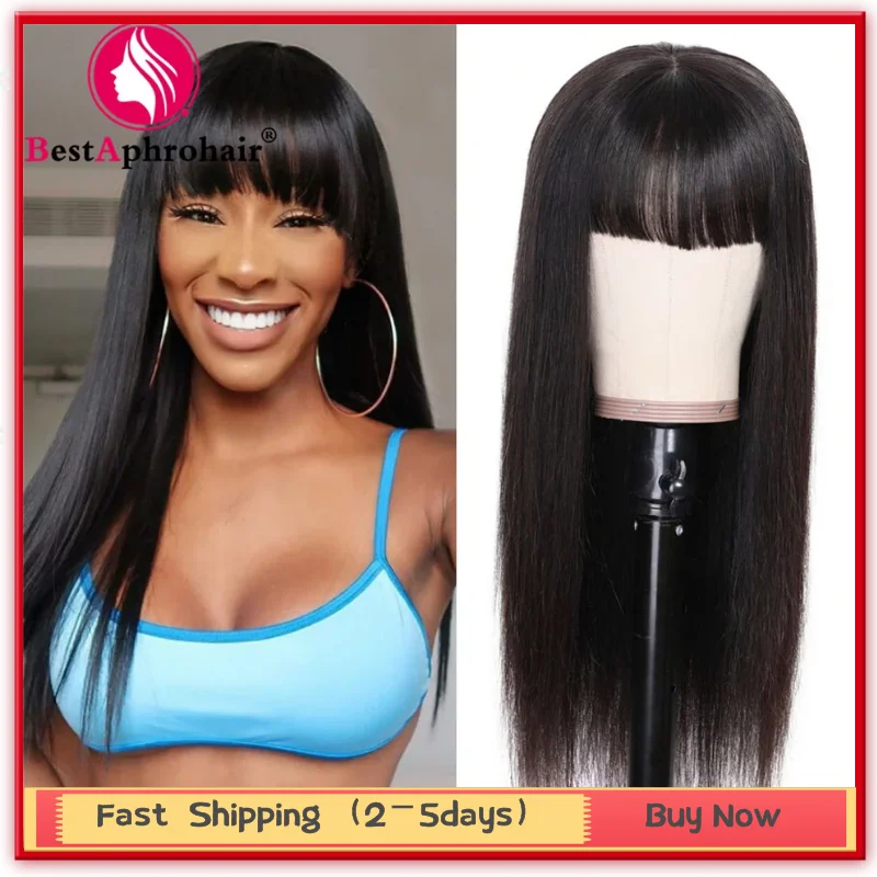 Straight Wig With Bangs Fringe Human Hair Wig With Bangs For Women Natural Brazilian Hair Glueless Full Machine Made Human Hair