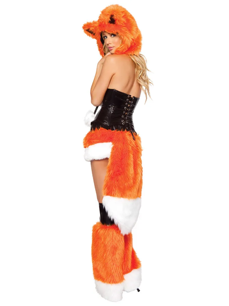 Adult Womens Sexy Orange Halloween Party Fox Costumes Outfit Fancy Animal Cosplay Dress With Big Tail