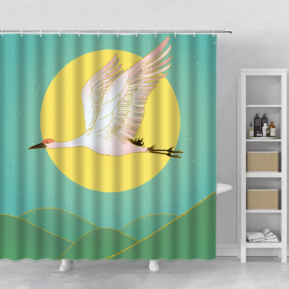 Crane Shower Curtain Asian Illustration Style Green Mountain Yellow Sunlight Printed Bathroom Curtain Hooks Curtains For Kitchen